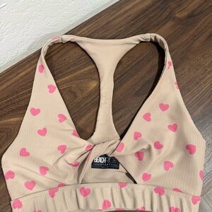 Beach Riot Beige Ribbed Bikini/sports Top with Pink Heart Print